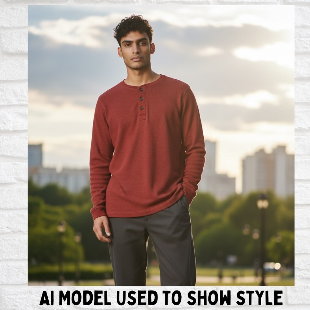 Duluth Trading Henley Shirt Mens Medium M Red Trim Fit Waffle Knit Long Sleeve‎